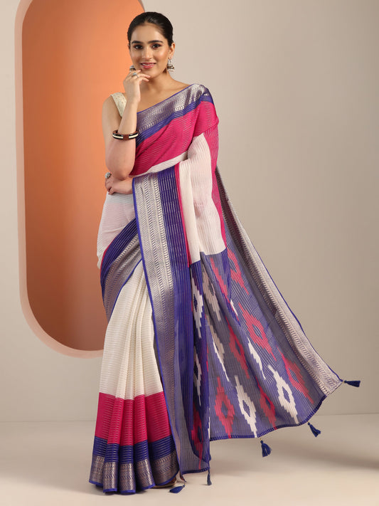 Off white Solid Silk Blend Saree With Unstitched Blouse Piece