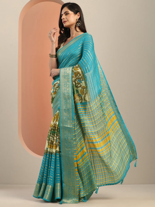 Multi Printed Silk Blend Saree With Unstitched Blouse Piece