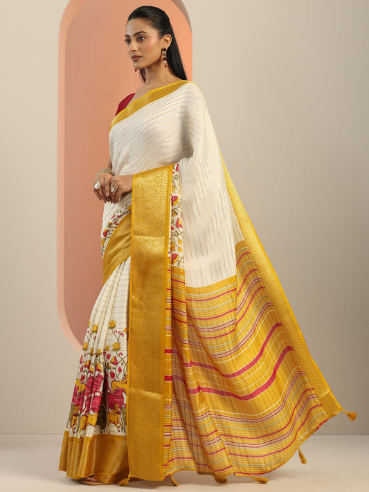 Off white Printed Silk Blend Saree With Unstitched Blouse Piece
