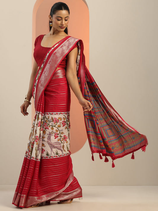 Multi Printed Crepe Saree With Unstitched Blouse Piece