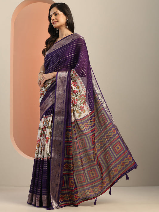Multi Printed Crepe Saree With Unstitched Blouse Piece