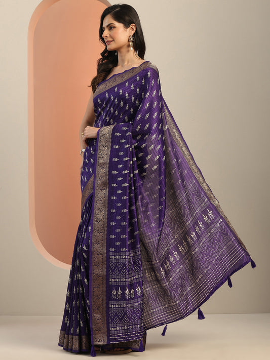 Purple Printed Silk Blend Saree With Unstitched Blouse Piece