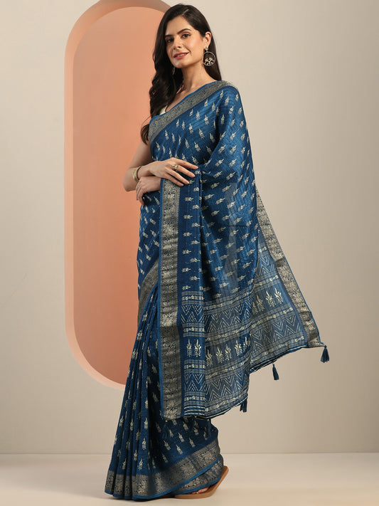 Teal Printed Silk Blend Saree With Unstitched Blouse Piece