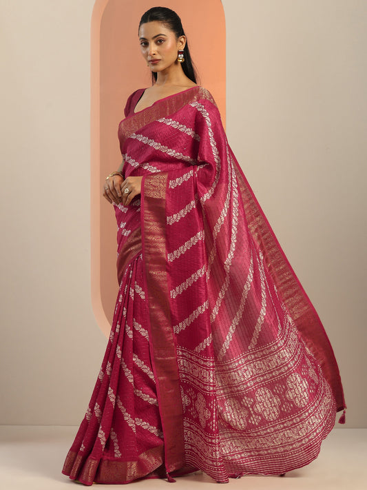 Pink Printed Silk Blend Saree With Unstitched Blouse Piece
