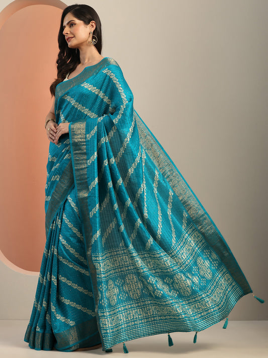 Blue Printed Silk Blend Saree With Unstitched Blouse Piece