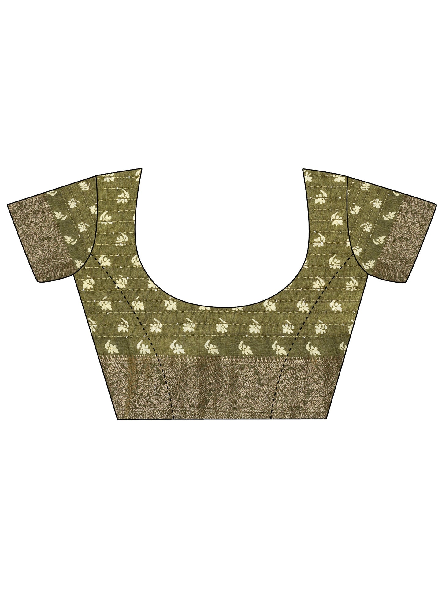 Olive Printed Silk Blend Saree With Unstitched Blouse Piece