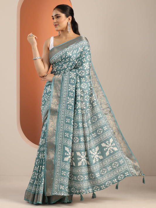 Blue Printed Silk Blend Saree With Unstitched Blouse Piece