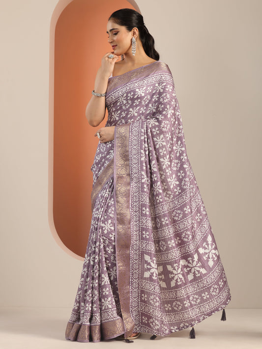 Mauve Printed Silk Blend Saree With Unstitched Blouse Piece