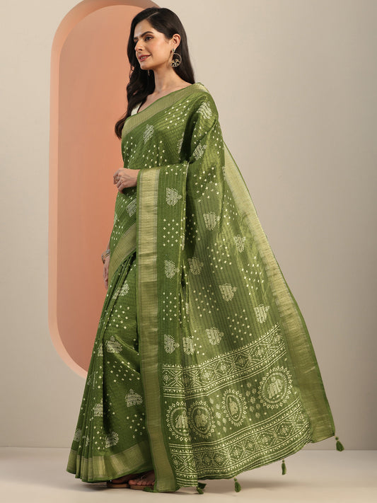Green Printed Silk Blend Saree With Unstitched Blouse Piece