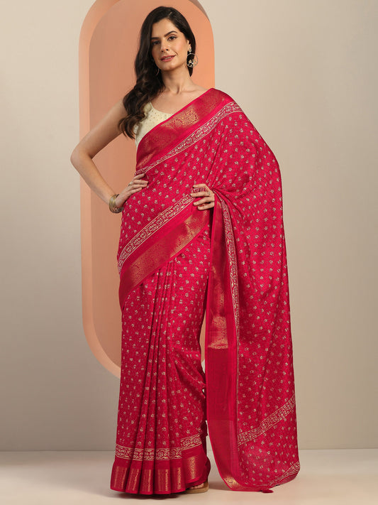 Pink Printed Silk Blend Saree With Unstitched Blouse Piece