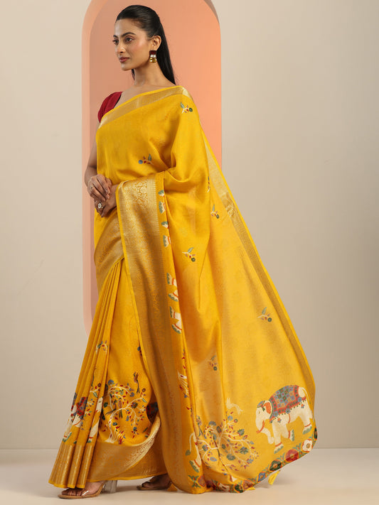 Yellow Printed Georgette Saree With Unstitched Blouse Piece