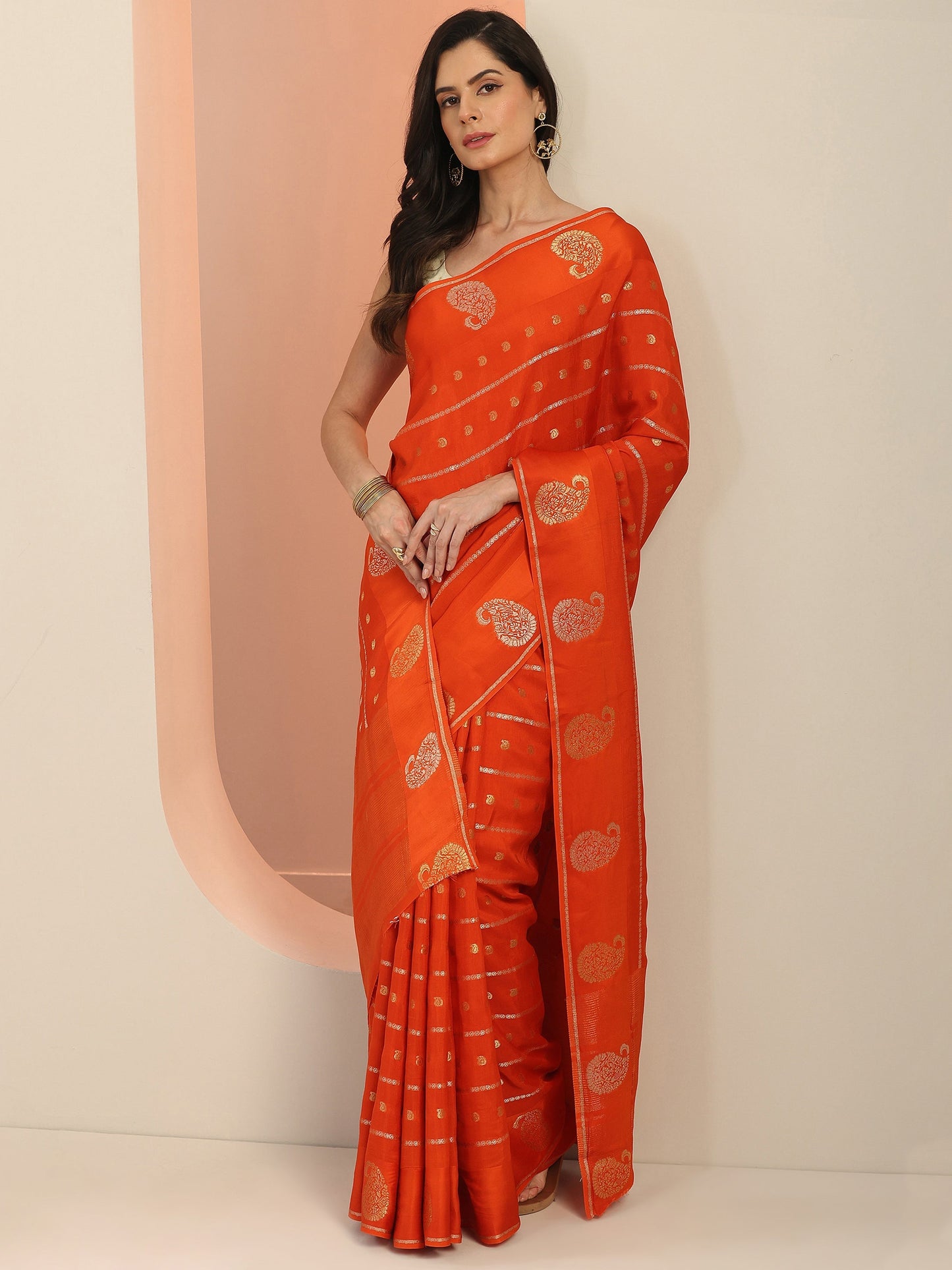 Orange Woven Design Silk Blend Saree With Unstitched Blouse Piece