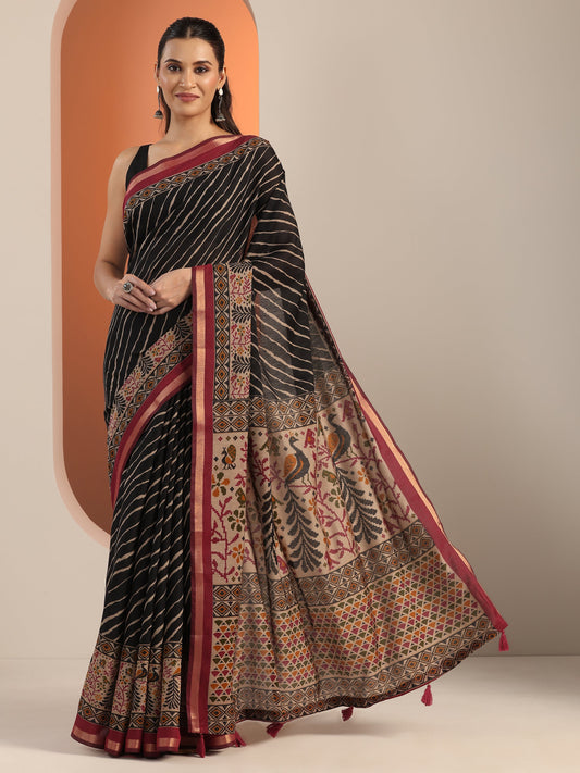 Black Printed Cotton Blend Saree With Unstitched Blouse Piece