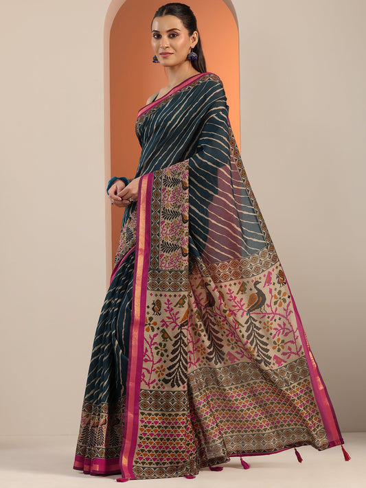 Teal Printed Cotton Blend Saree With Unstitched Blouse Piece