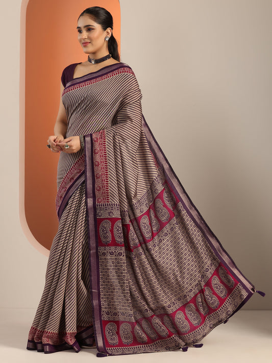 Purple Printed Cotton Blend Saree With Unstitched Blouse Piece
