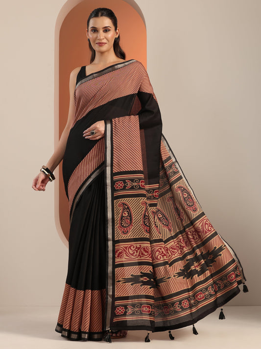 Black Solid Cotton Blend Saree With Unstitched Blouse Piece