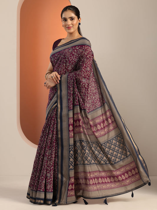 Purple Printed Cotton Blend Saree With Unstitched Blouse Piece