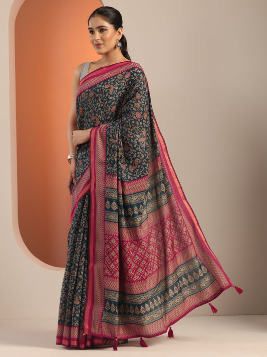 Teal Printed Cotton Blend Saree With Unstitched Blouse Piece