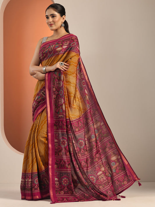 Mustard Printed Cotton Blend Saree With Unstitched Blouse Piece