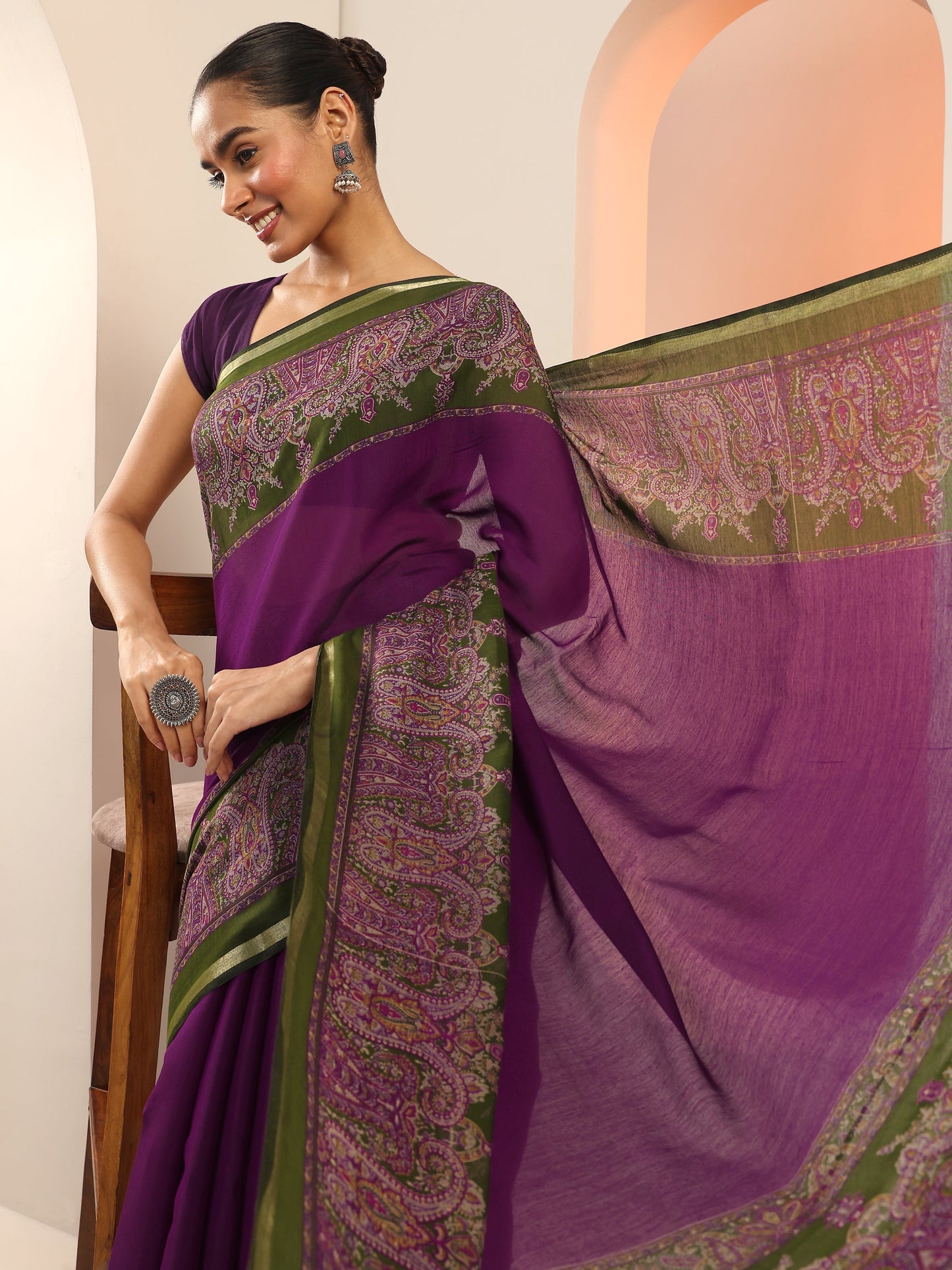 Purple Printed Cotton Saree With Unstitched Blouse Piece