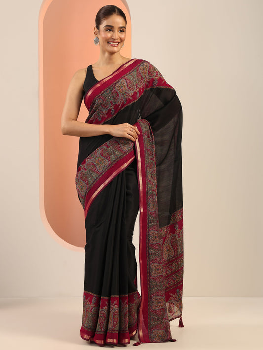 Black Printed Cotton Saree With Unstitched Blouse Piece