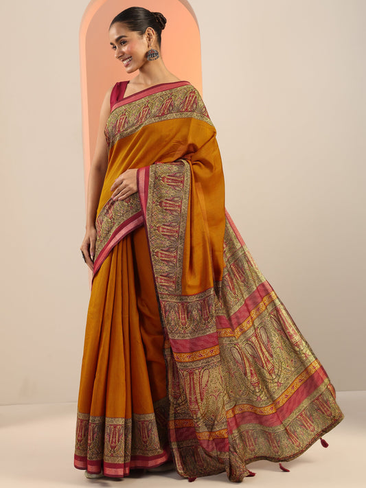 Mustard Solid Cotton Blend Saree With Unstitched Blouse Piece