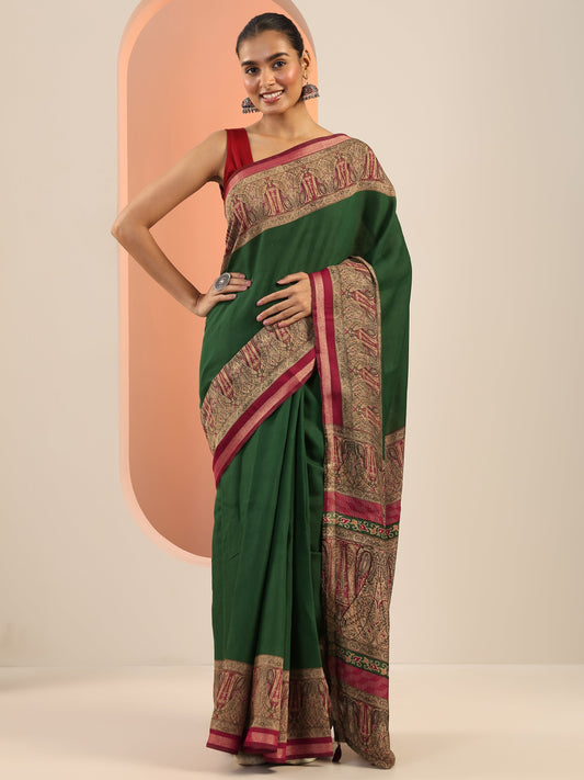 Green Printed Cotton Saree With Unstitched Blouse Piece