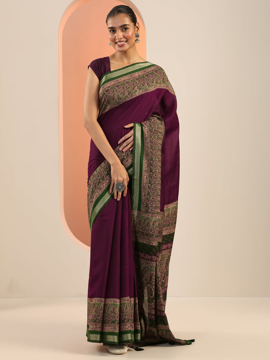 Burgundy Printed Cotton Saree With Unstitched Blouse Piece