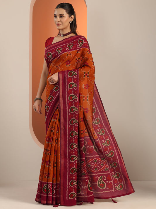 Mustard Printed Cotton Blend Saree With Unstitched Blouse Piece