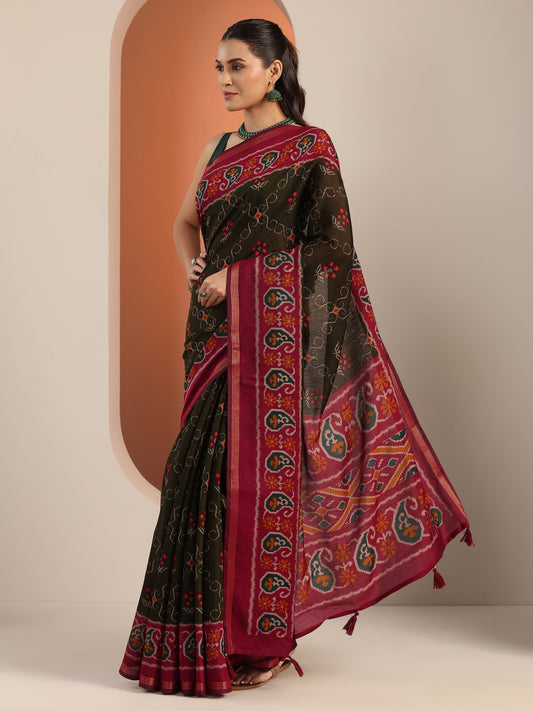 Olive Printed Cotton Blend Saree With Unstitched Blouse Piece