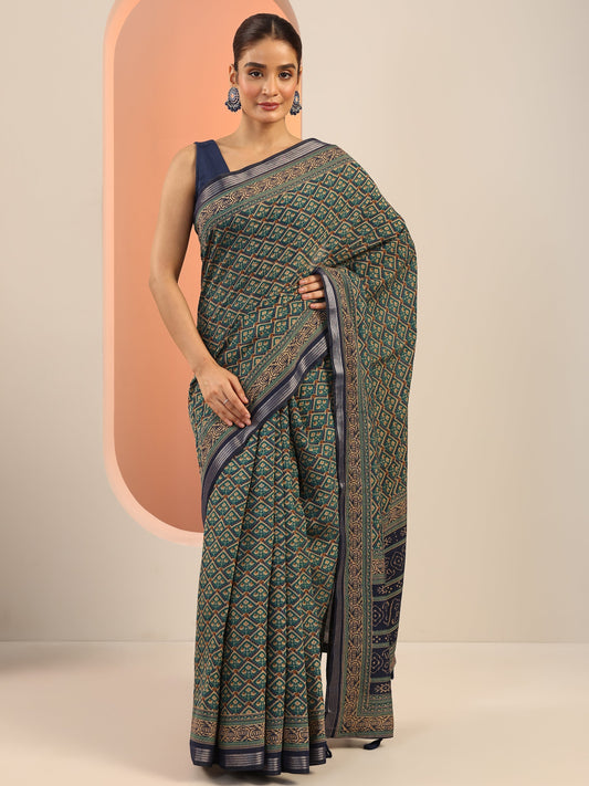 Teal Printed Cotton Saree With Unstitched Blouse Piece
