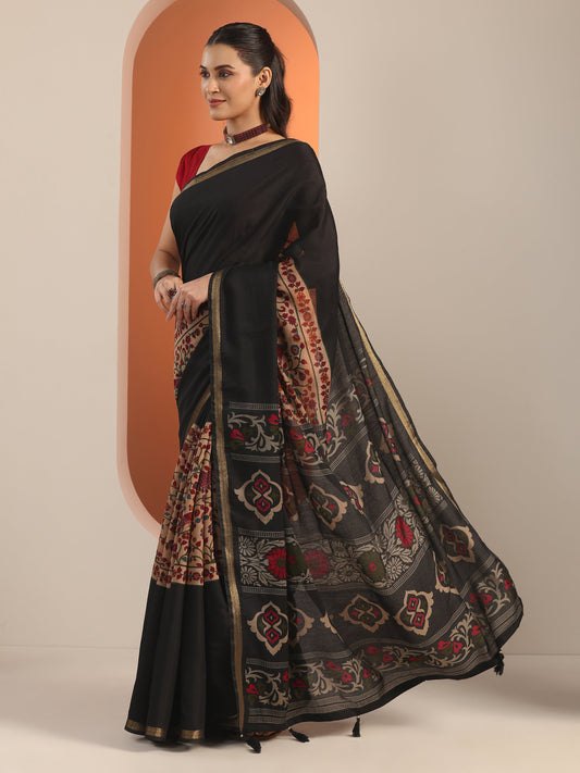 Black Printed Cotton Blend Saree With Unstitched Blouse Piece