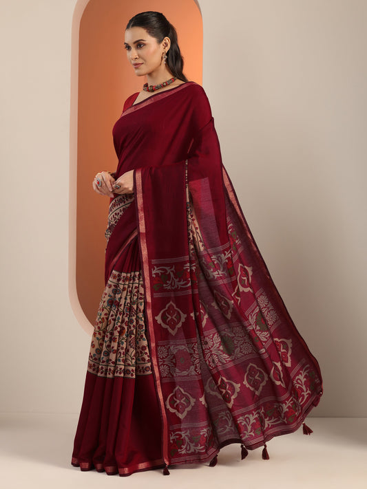 Maroon Printed Cotton Blend Saree With Unstitched Blouse Piece