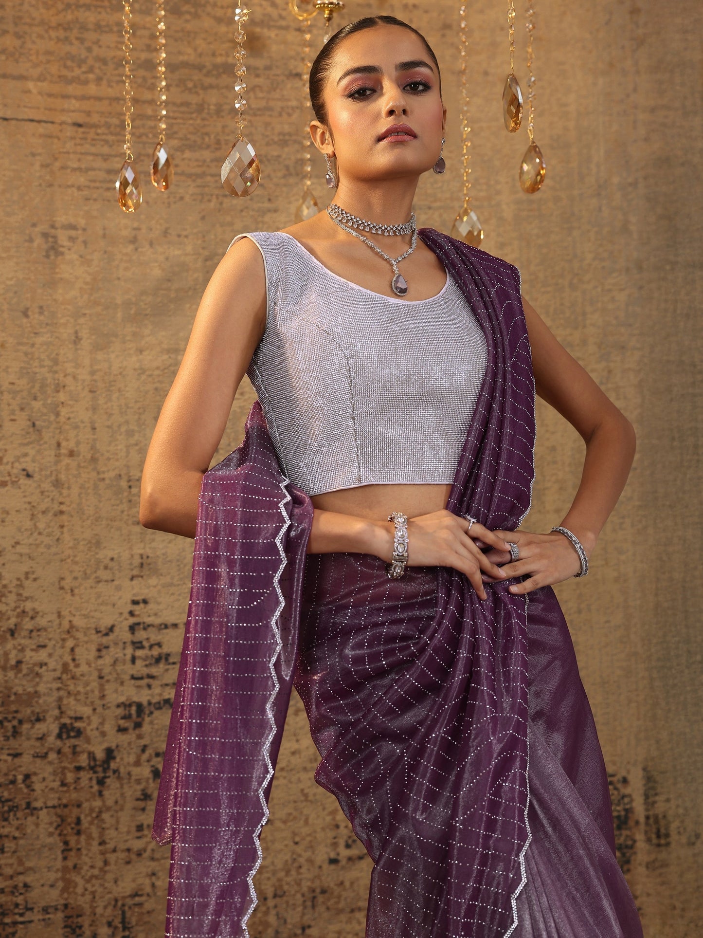 Purple Embellished Organza Saree With Unstitched Blouse Piece