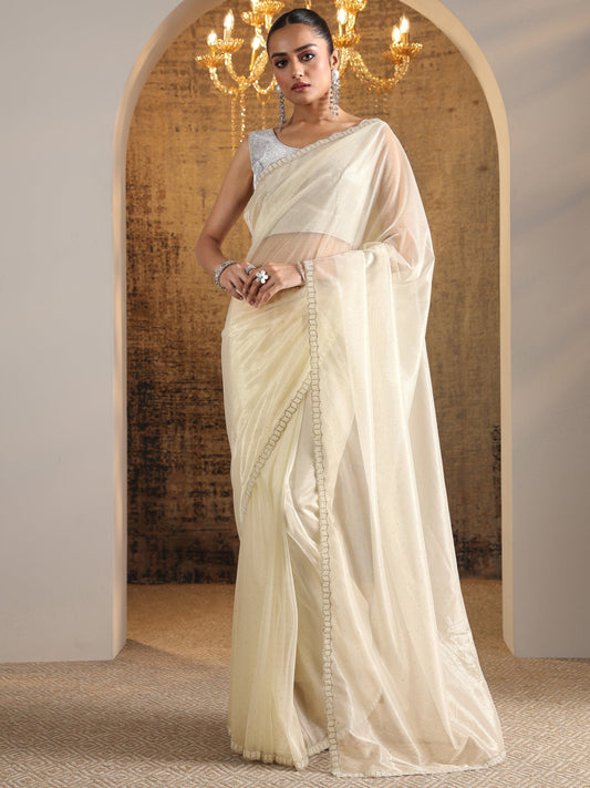 Off White Embellished Organza Saree With Unstitched Blouse Piece