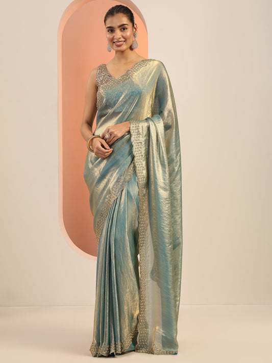Teal Solid Satin Saree With Unstitched Blouse Piece