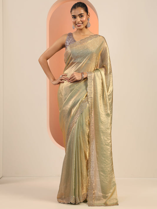 Green Solid Satin Saree With Unstitched Blouse Piece