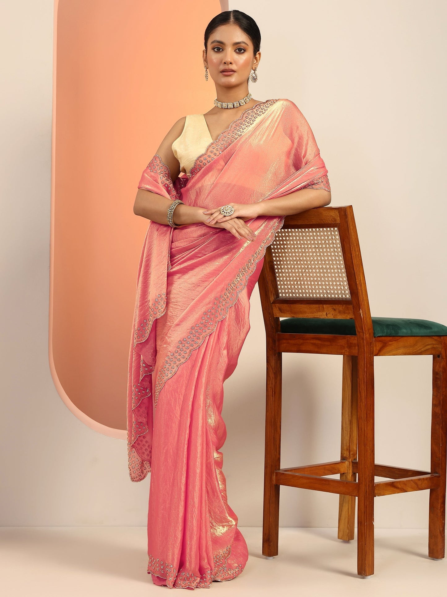 Peach Solid Satin Saree With Unstitched Blouse Piece
