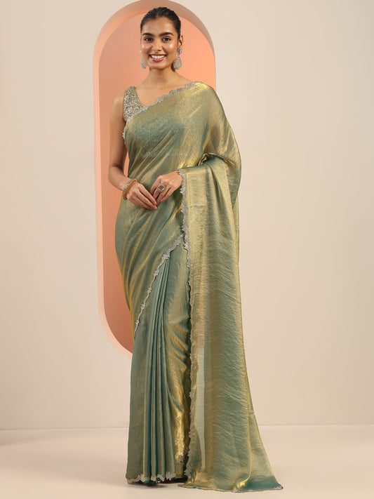 Teal Solid Jimmy Choo Satin Saree With Unstitched Blouse Piece