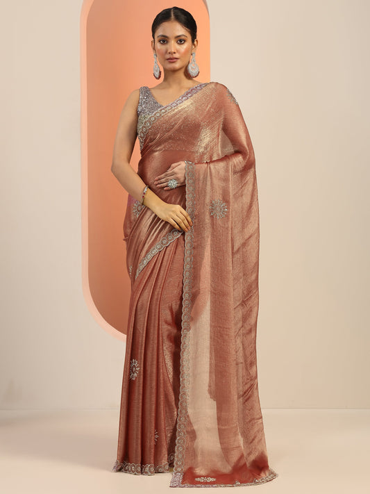 Rust Embellished Jimmy Choo Satin Saree With Unstitched Blouse Piece