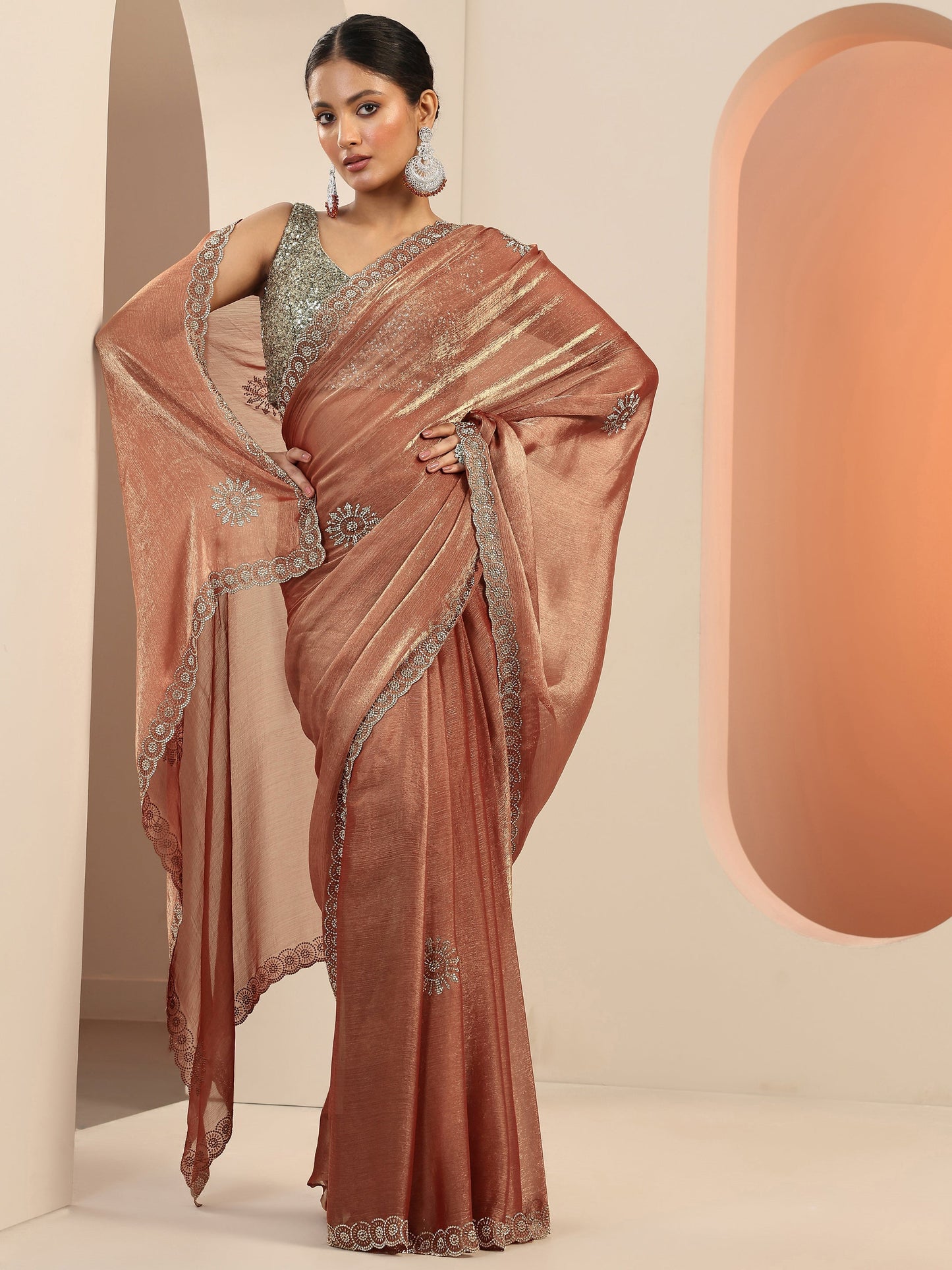 Rust Embellished Jimmy Choo Satin Saree With Unstitched Blouse Piece