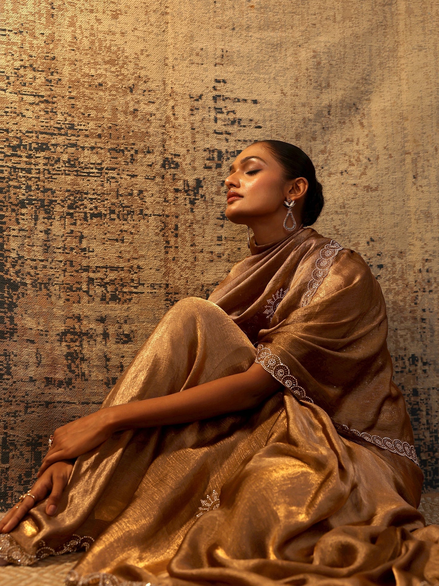 Brown Printed Jimmy Choo Satin Saree With Unstitched Blouse Piece