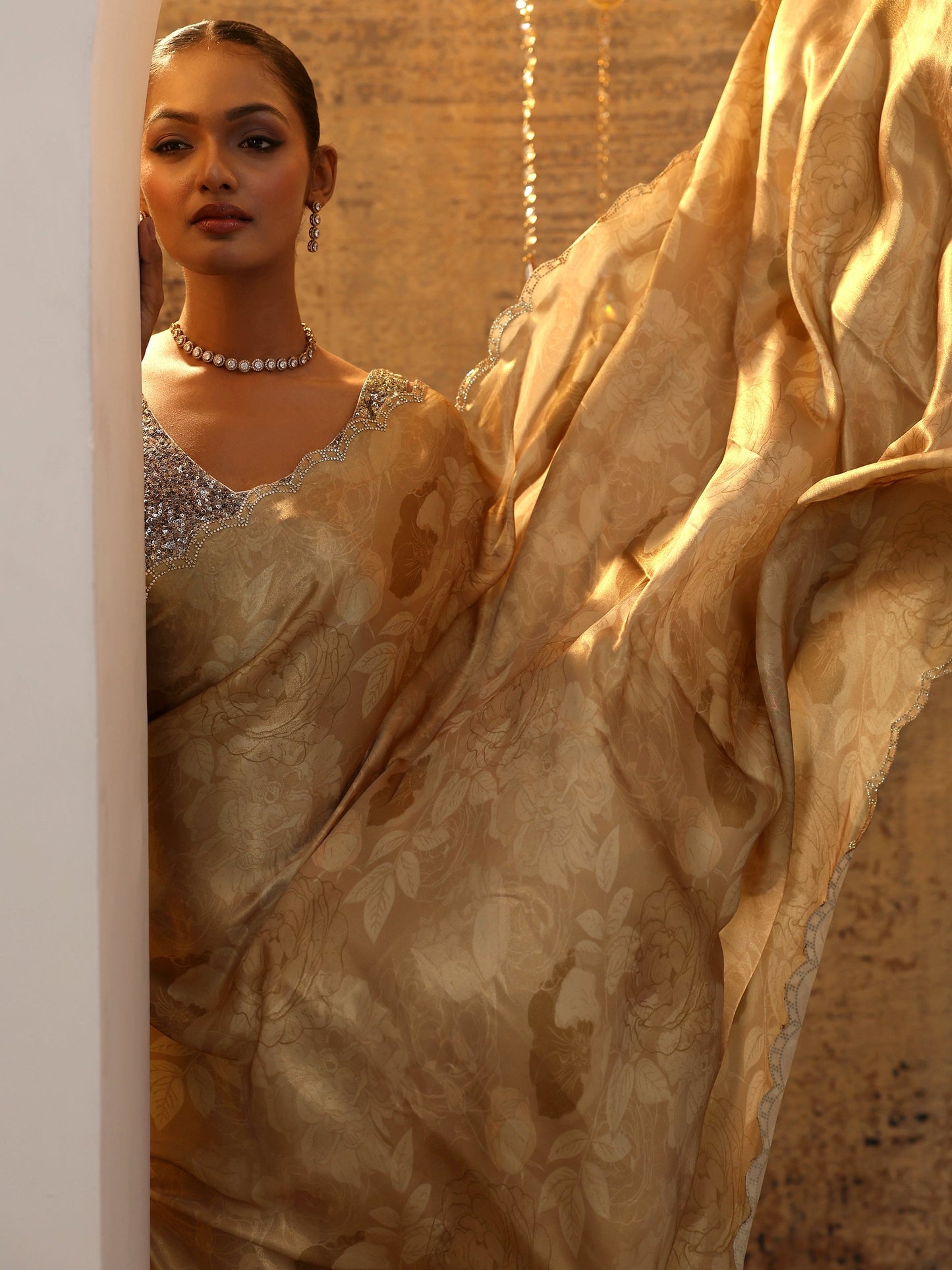 Brown Printed Satin Saree With Unstitched Blouse Piece