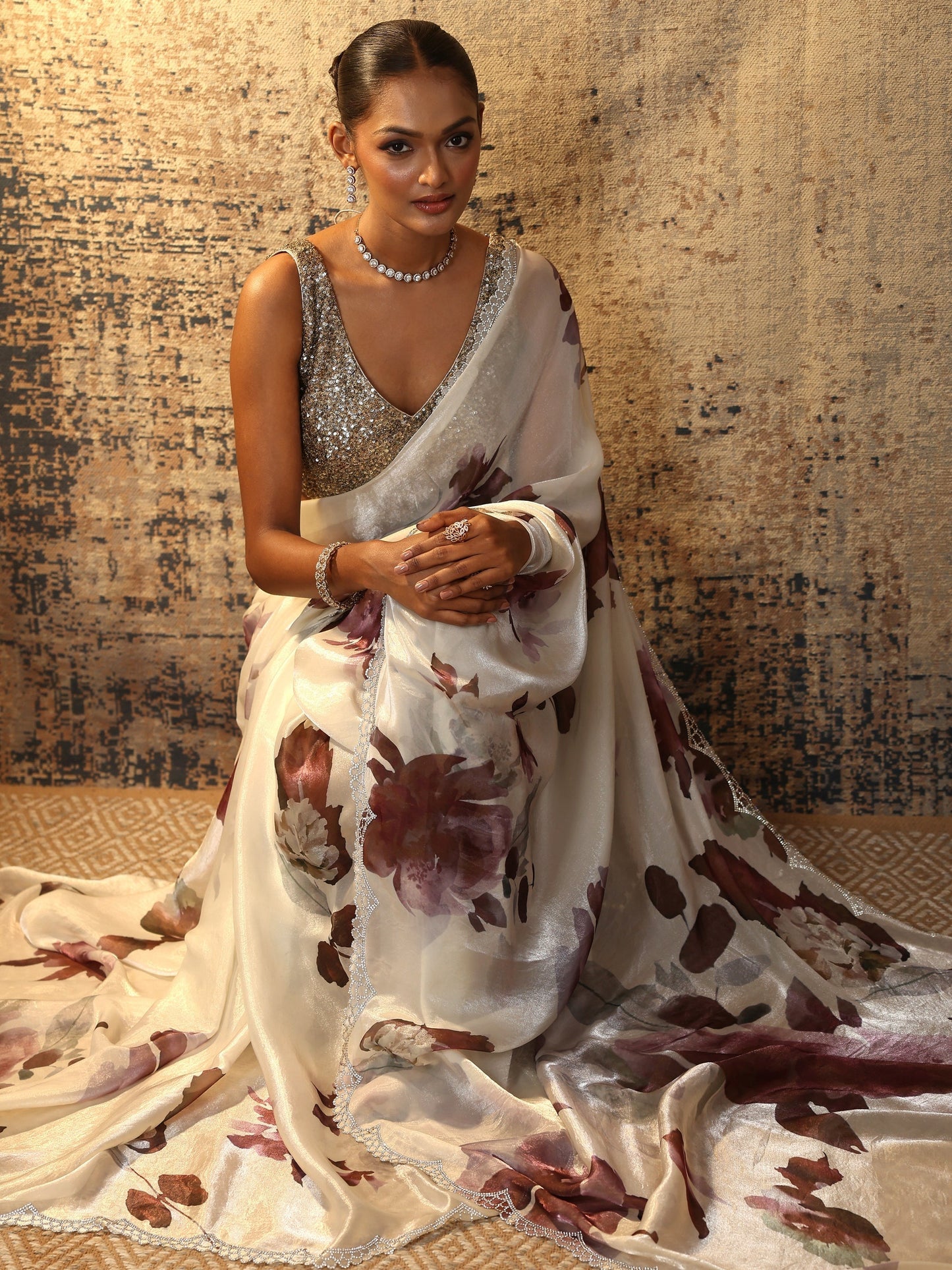 Brown Printed Satin Saree With Unstitched Blouse Piece