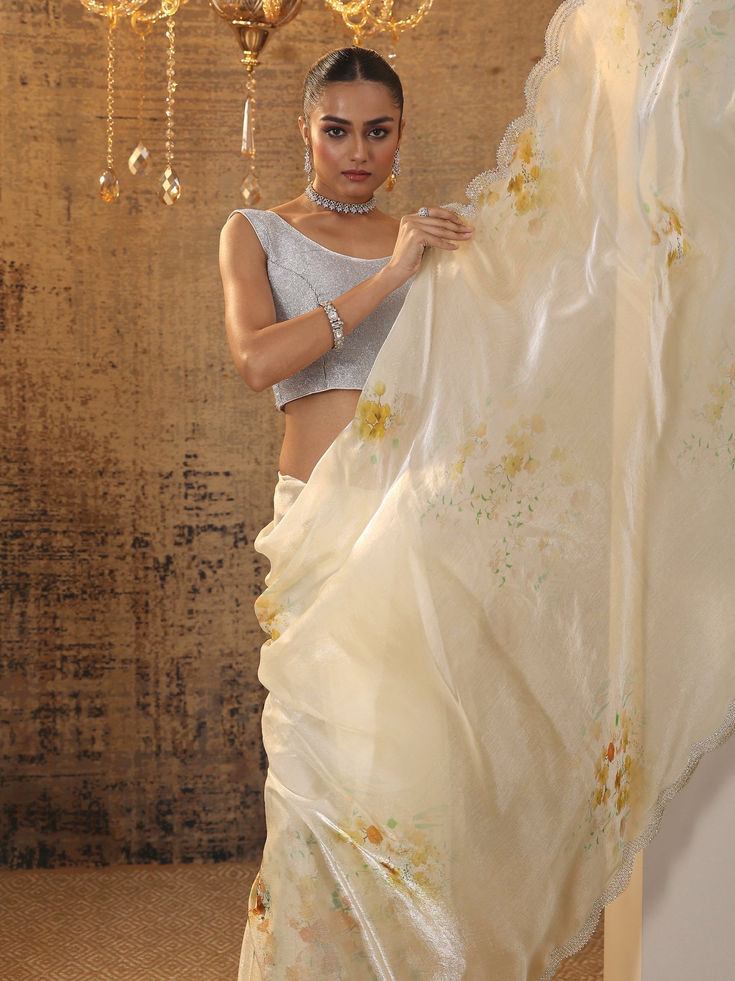 Yellow Printed Satin Saree With Unstitched Blouse Piece