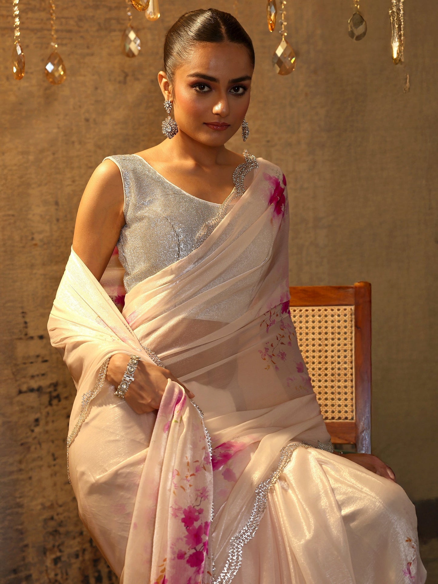 Pink Printed Satin Saree With Unstitched Blouse Piece