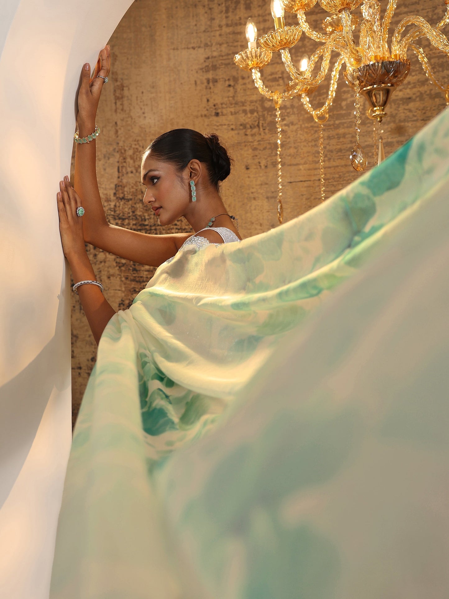 Green Printed Satin Saree With Unstitched Blouse Piece