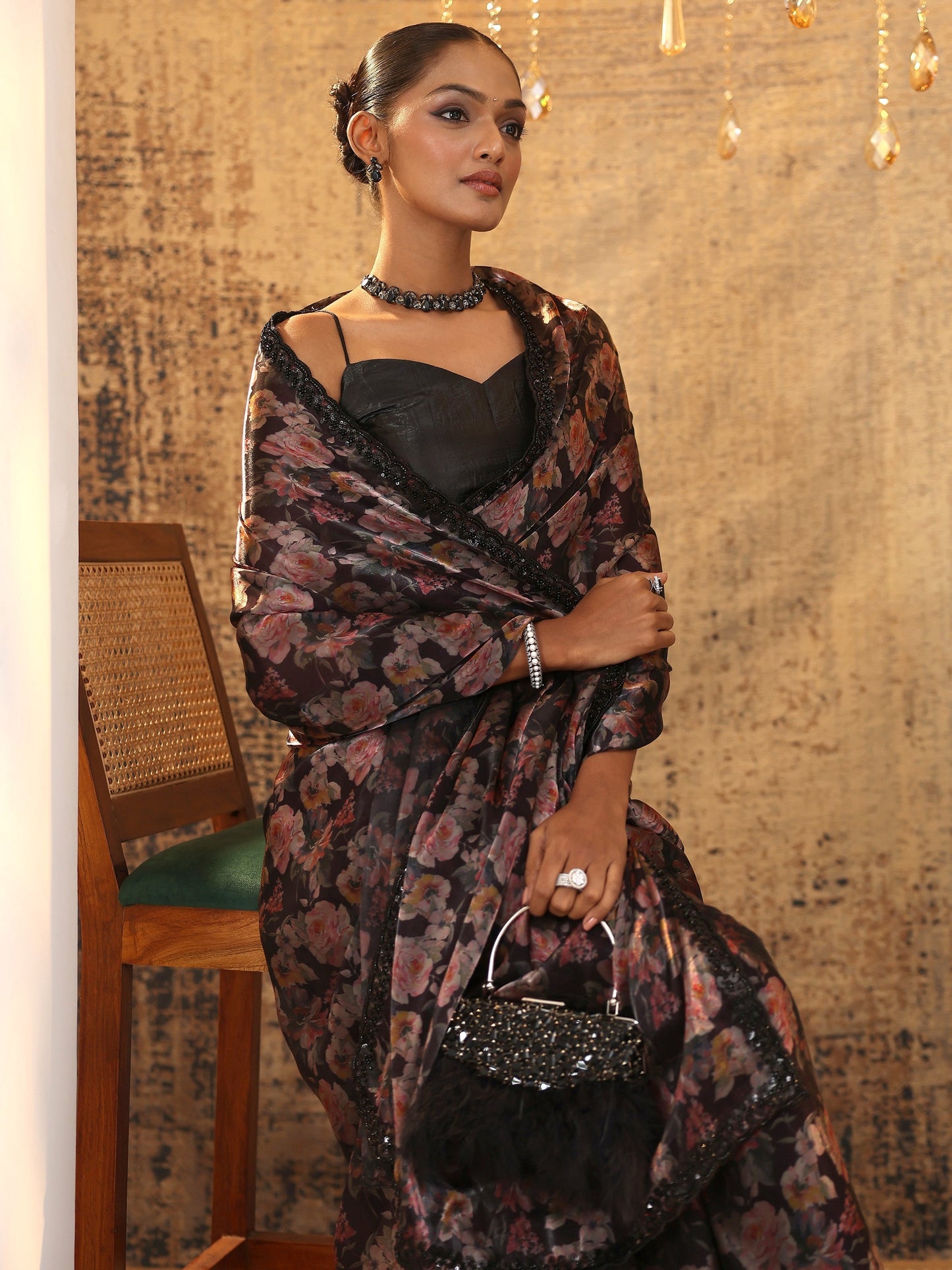 Black Printed Satin Saree With Unstitched Blouse Piece