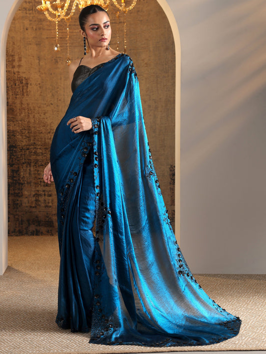 Navy Blue Solid Jimmy Choo Satin Saree With Unstitched Blouse Piece