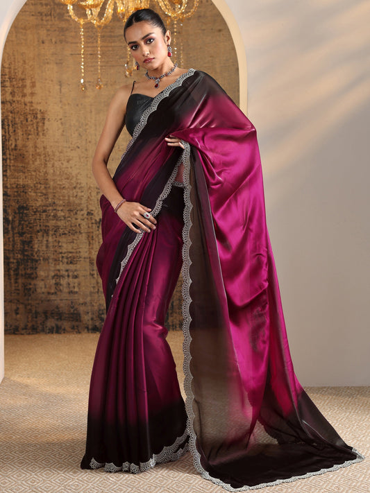 Red Solid Jimmy Choo Satin Saree With Unstitched Blouse Piece